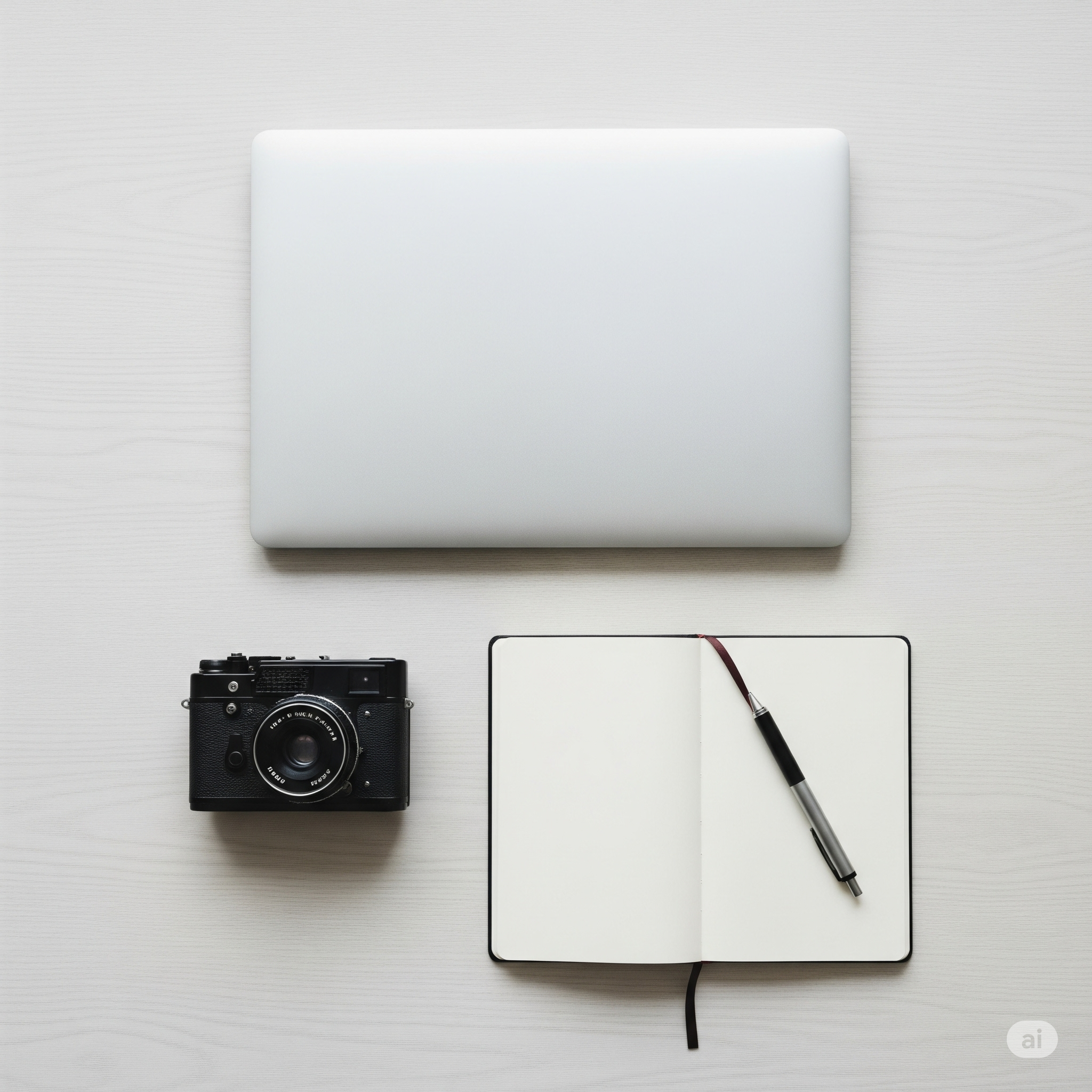 Home laptop, notebook with pen and camera on desktop